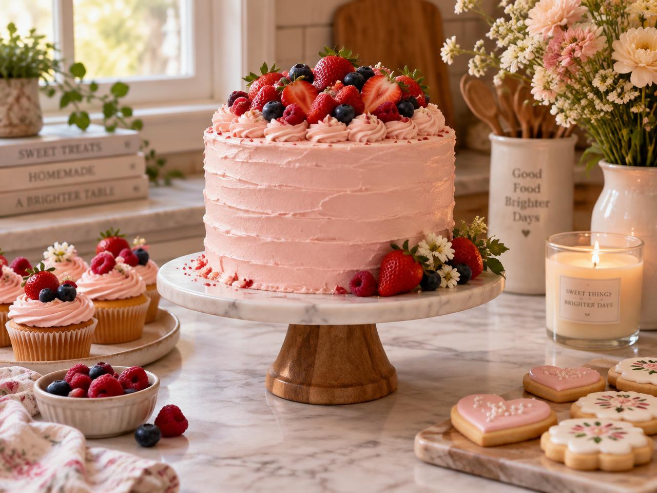 Torta decorada con fresas sobre un mesón de cocina